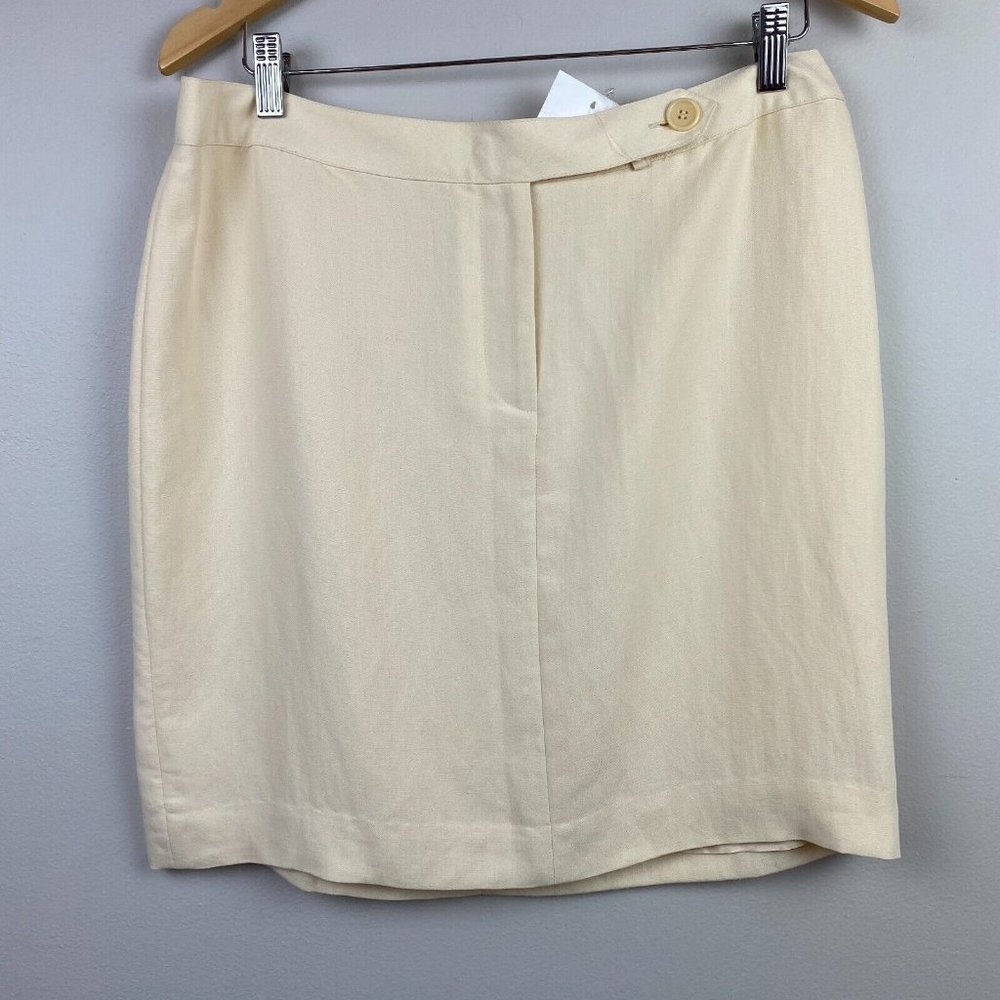 Emanuel Ungaro Pencil Skirt 12 Linen Blend Cream Above Knee Tabbed Waist Office‎